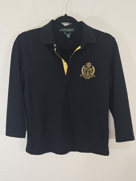 Ralph Lauren Tops - Lauren Active Ralph Lauren Black 3/4 Sleeve Top Gold Embroidered Logo, Small